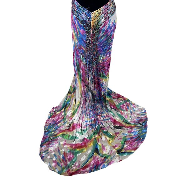 LaFemme Paris Sequin Prom Gown Women's 4 Flowy Silk Beaded Multicolor Open Sides - Picture 12 of 16